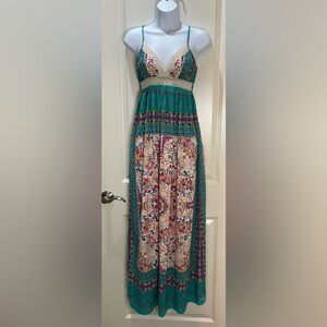 Lottie & Holly Band of Gypsies Maxi Dress Teal and Multicolor Floral Boho Size S